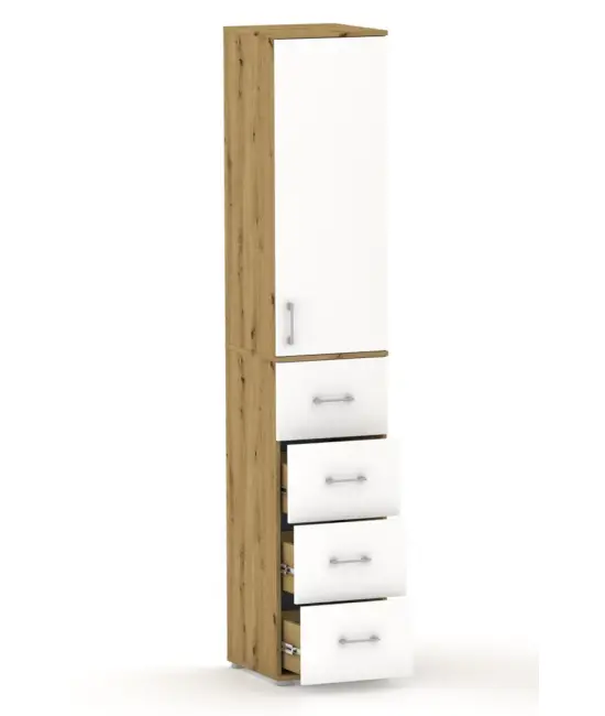 Szafa na ubrania z drążkiem Pola 215 - 4 szuflady 40-50 cm Dąb Artisan z białymi drzwiami